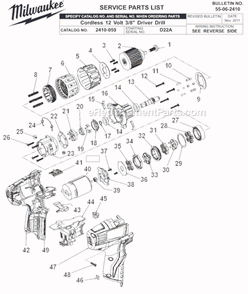 Page A Diagram and Parts List for 2410-059 SER D22A Milwaukee Cordless Drill