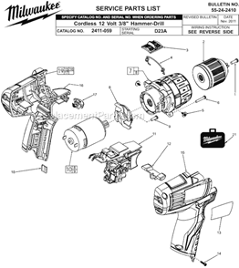 Page A Diagram and Parts List for 2411-059 SER D23A Milwaukee Hammer Drill