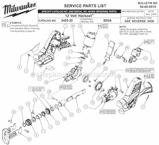 Page A Diagram and Parts List for 2420-22 SER B56A Milwaukee Reciprocating Saw
