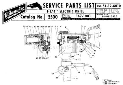 Page A Diagram and Parts List for 2500 SER 167-1001 Milwaukee Electric Drill