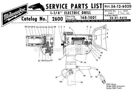 Page A Diagram and Parts List for 2600 SER 168-1001 Milwaukee Electric Drill