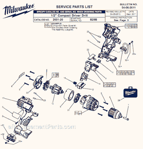 Part Location Diagram of 28-14-0661 Milwaukee Gearcase Assembly