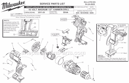 Page A Diagram and Parts List for 2611-24 SER B54A Milwaukee Hammer Drill