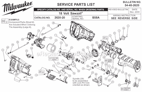 Page A Diagram and Parts List for 2620-20 SER B58A Milwaukee Reciprocating Saw