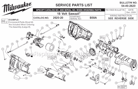 Page A Diagram and Parts List for 2620-22 SER B58A Milwaukee Reciprocating Saw