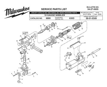 Fig-0 Diagram and Parts List for 6880 630D Milwaukee Nibbler & Shears