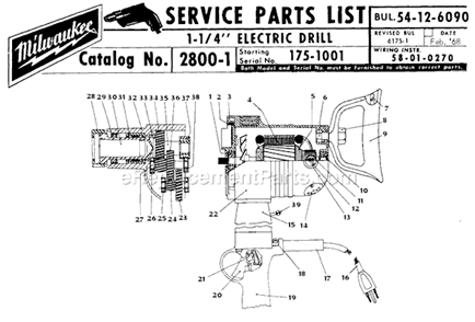 Page A Diagram and Parts List for 2800-1 SER 175-1001 Milwaukee Electric Drill