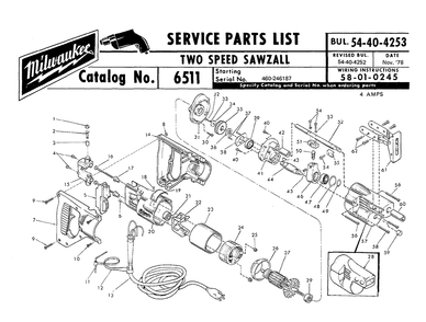 Fig-0 Diagram and Parts List for 6511 460-246187 Milwaukee Saw