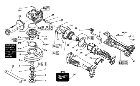 Part Location Diagram of 14-30-1167 Milwaukee Gear Case Assembly