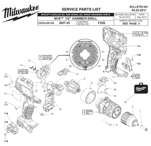 Fig-0 Diagram and Parts List for 2607-22 F25B Milwaukee Cordless Drill
