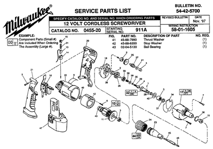 Fig-0 Diagram and Parts List for 0445-20 911A Milwaukee Cordless Drill