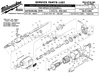 Page A Diagram and Parts List for 4039 SER 559-1001 Milwaukee Electric Drill