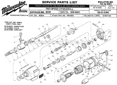 Page A Diagram and Parts List for 4039 SER 559-9001 Milwaukee Electric Drill