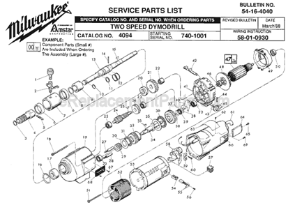 Page A Diagram and Parts List for 4094 SER 740-1001 Milwaukee Electric Drill