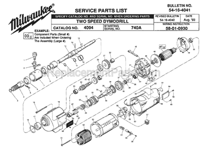 Page A Diagram and Parts List for 4094 SER 740A Milwaukee Electric Drill
