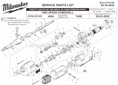 Page A Diagram and Parts List for 4094 SER 740B Milwaukee Electric Drill
