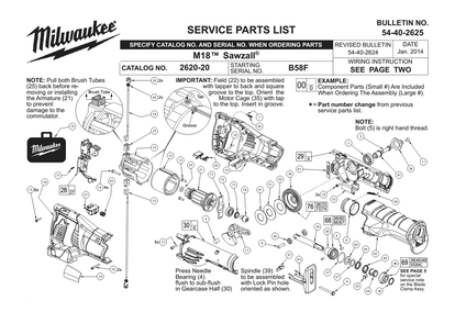 Fig-0 Diagram and Parts List for 2620-20 B58F Milwaukee Saw