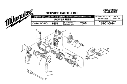 Fig-0 Diagram and Parts List for 6851 758B Milwaukee Electric Drill