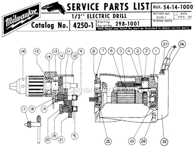 Page A Diagram and Parts List for 4250-1 SER 298-1001 Milwaukee Electric Drill