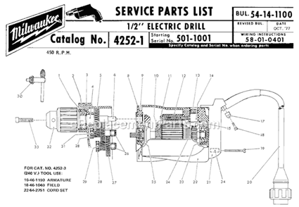 Page A Diagram and Parts List for 4252-1 SER 501-1001 Milwaukee Electric Drill