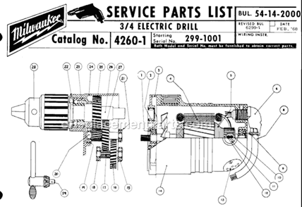 Page A Diagram and Parts List for 4260-1 SER 299-1001 Milwaukee Electric Drill