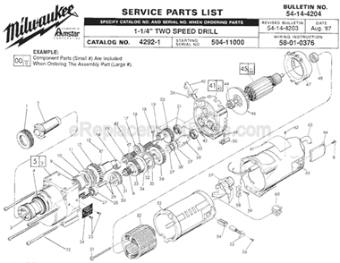 Page A Diagram and Parts List for 4292-1 SER 504-11000 Milwaukee Electric Drill