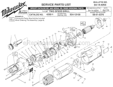 Page A Diagram and Parts List for 4292-1 SER 504-12100 Milwaukee Electric Drill