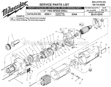 Page A Diagram and Parts List for 4292-1 SER 504A Milwaukee Electric Drill