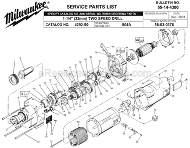 Page A Diagram and Parts List for 4292-50 SER 504A Milwaukee Electric Drill