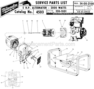 Page A Diagram and Parts List for 4503 SER 520-1001 Milwaukee Generator