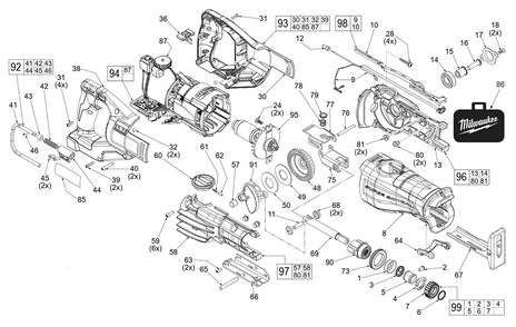 Fig-0 Diagram and Parts List for 2722-20 J66A Milwaukee Reciprocating Saw