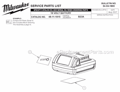 Part Location Diagram of 12-20-1815 Milwaukee Service Nameplate - Battery