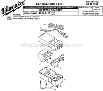 Page A Diagram and Parts List for 48-59-0160  Milwaukee Charger