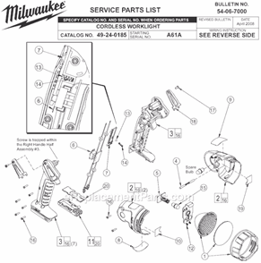 Page A Diagram and Parts List for 49-24-0185 SER A61A Milwaukee Worklight & Flashlight