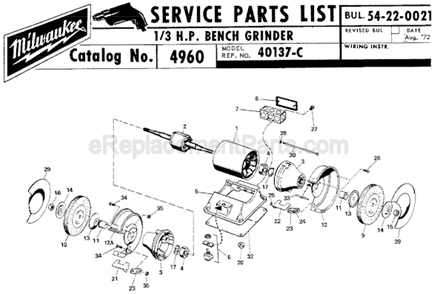 Page A Diagram and Parts List for 4960 SER 40137-C Milwaukee Bench Grinder