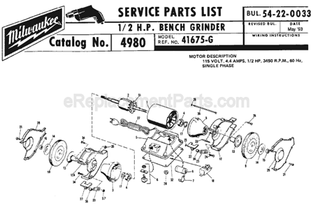 Page A Diagram and Parts List for 4980 SER 41675-G Milwaukee Bench Grinder