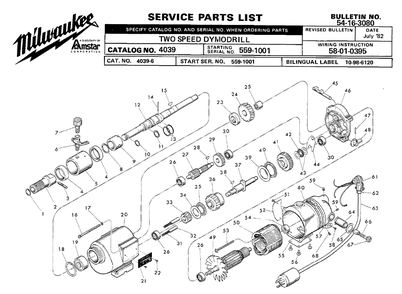 Fig-0 Diagram and Parts List for 4039-2 559-1001 Milwaukee Electric Drill