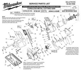 Fig-0 Diagram and Parts List for 0740-20 A94B Milwaukee Saw