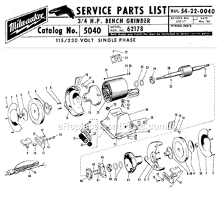 Page A Diagram and Parts List for 5040 SER 62178 Milwaukee Bench Grinder