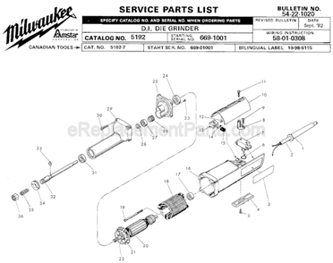 Page A Diagram and Parts List for 5192-7 SER 669-1001 Milwaukee Sander Grinder