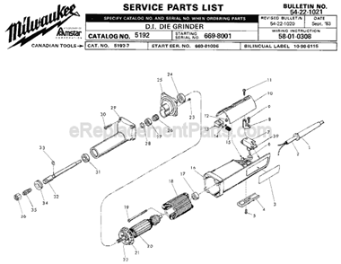 Page A Diagram and Parts List for 5192 SER 669-8001 Milwaukee Sander Grinder