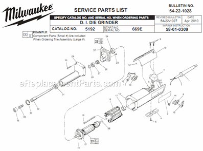 Page A Diagram and Parts List for 5192 SER 699E Milwaukee Sander Grinder