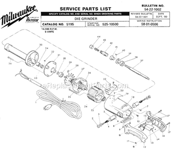 Page A Diagram and Parts List for 5195 SER 525-10500 Milwaukee Sander Grinder