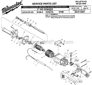 Page A Diagram and Parts List for 5196-2 SER 675B Milwaukee Sander Grinder