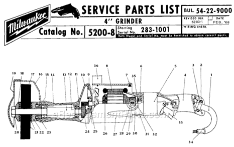 Page A Diagram and Parts List for 5200-8 SER 283-1001 Milwaukee Sander Grinder