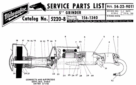 Page A Diagram and Parts List for 5220-8 SER 156-1340 Milwaukee Sander Grinder