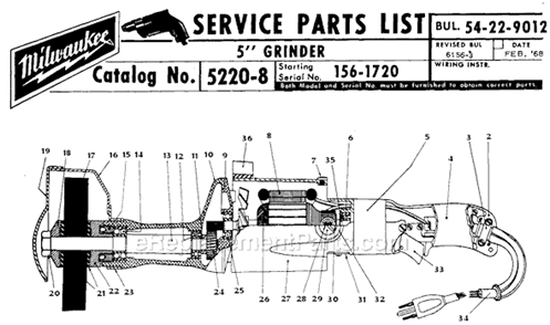 Page A Diagram and Parts List for 5220-8 SER 156-1720 Milwaukee Sander Grinder