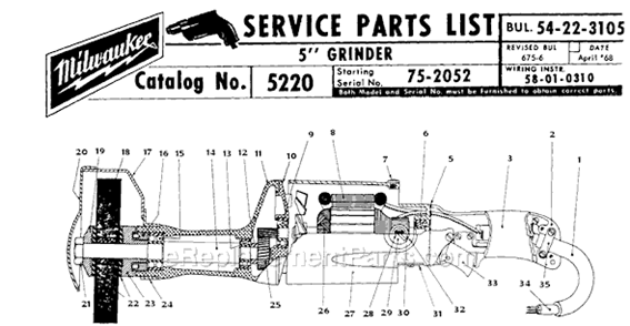 Page A Diagram and Parts List for 5220 SER 75-2052 Milwaukee Sander Grinder