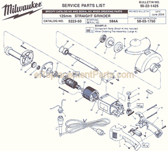 Page A Diagram and Parts List for 5223-50 SER 584A Milwaukee Sander Grinder