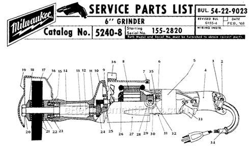 Page A Diagram and Parts List for 5240-8 SER 155-2820 Milwaukee Sander Grinder